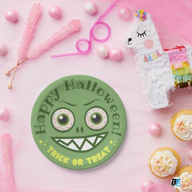 Prato De Papel Monstro Alegre Verde de Halloween (Criador carregado)