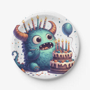 Prato De Papel Monstro Azul Bonito Com Bolo De Aniversário