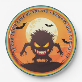 Prato De Papel Monstro Peludo de Halloween Truque ou Tratamento