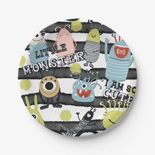 Prato De Papel Monstros Pequenos e Fofos Listra de Aquarela Chic  (Frente)