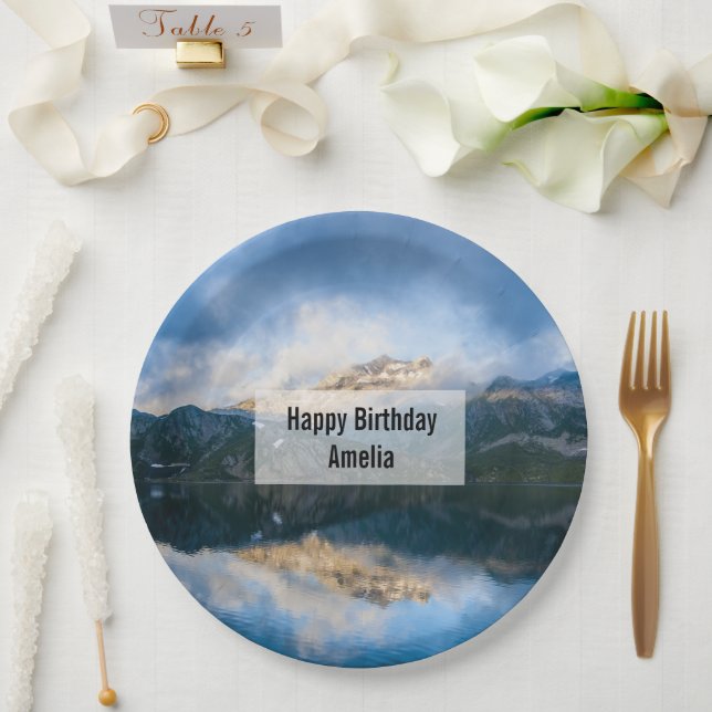 Prato De Papel Montanhas e Lago Natureza Cênica Foto Aniversário (Casamento)