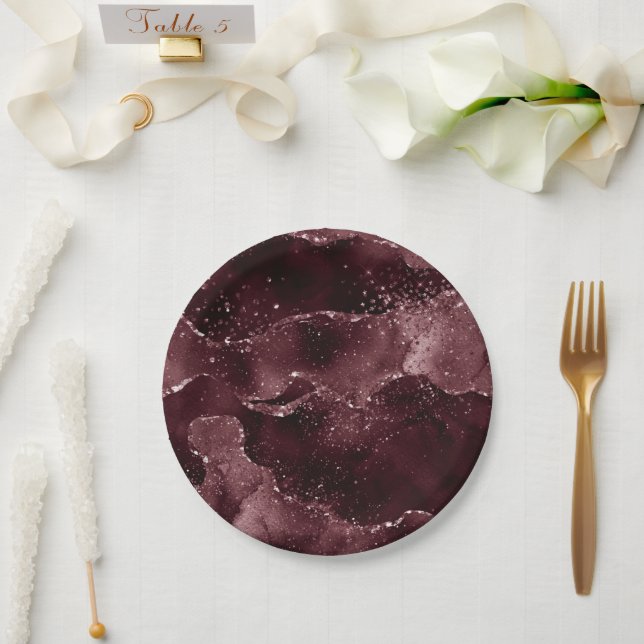 Prato De Papel Moody Agate | Vinho Bordéus Sangria Merlot Maroon (Casamento)