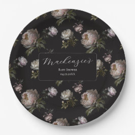 Prato De Papel Moody Dark Peony Floral Baby Shower 
