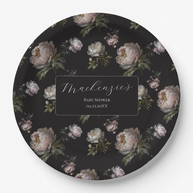 Prato De Papel Moody Dark Peony Floral Baby Shower  (Frente)