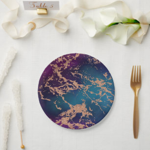 Prato De Papel Moody Luxe Marble   Rosa Roxo Profundo e Teal Dour