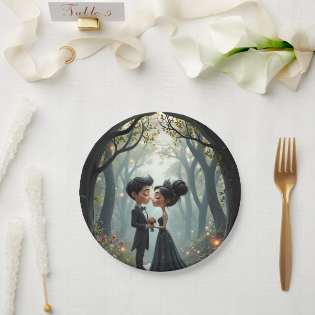 Prato De Papel Moonlit Vows – A Cute Gothic Wedding Moment.  (Casamento)