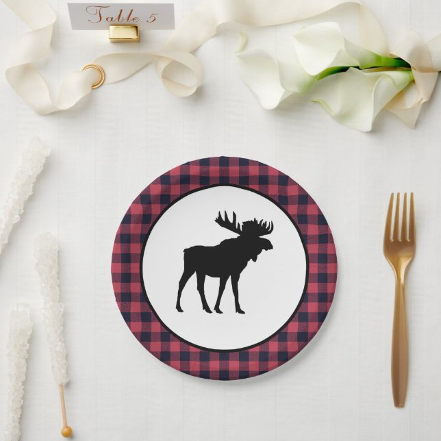 Prato De Papel Moose Silhouette Plaid Wilderness Mountain (Casamento)