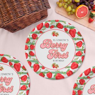 Prato De Papel Morangango Vermelho Listras Brancas Verdes Fruta P