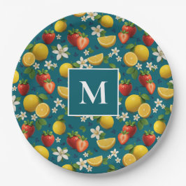 Prato De Papel Morango e Flor de Limão no Azul