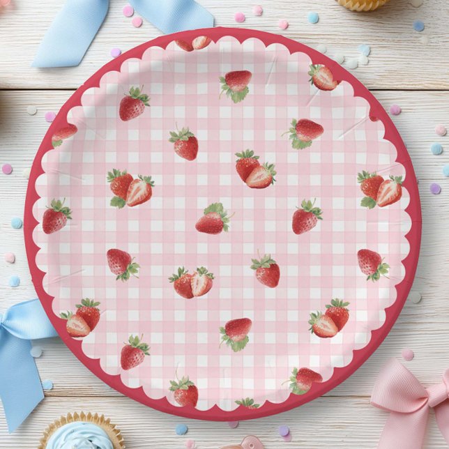 Prato De Papel Morango Fresco com Padrão Xadrez Rosa (Strawberry with pink gingham paper plate)