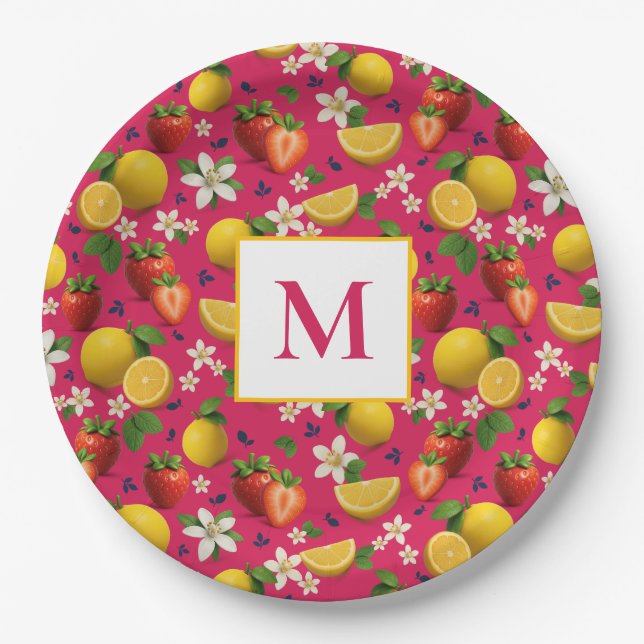 Prato De Papel Morango Fresco e Padrão de Limão (Frente)