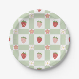 Prato de Papel Morango Gingham Verde Pastel Fofo