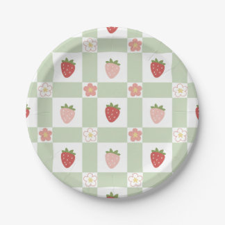 Prato de Papel Morango Gingham Verde Pastel Fofo