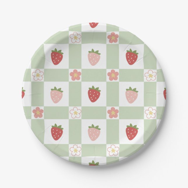 Prato de Papel Morango Gingham Verde Pastel Fofo (Frente)