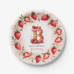 Prato De Papel Morango Letra de Aniversário B Design de Bolo
