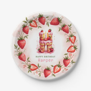 Prato De Papel Morango - Letra de Aniversário H Design de Bolo