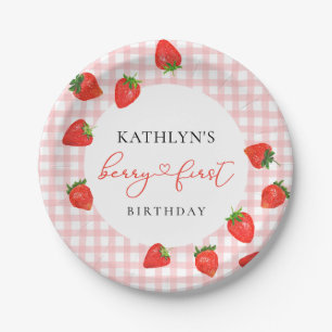 Prato De Papel Morango Rosa Berry Primeira Xadrez Gingham Birthda