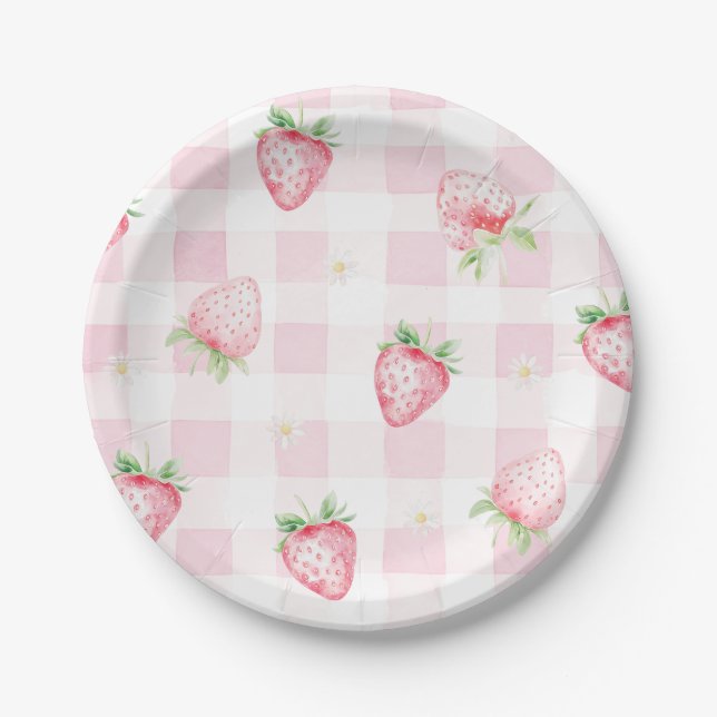 Prato De Papel Morangos Gingham Rosa Aniversário de 1 Ano (Frente)