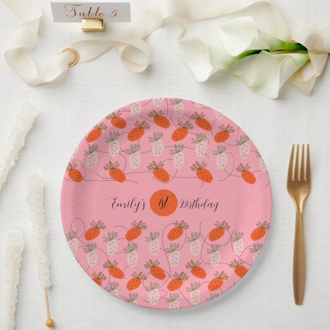 Prato De Papel Morangos Rosa Branco Padrão Rabiscado      (Casamento)
