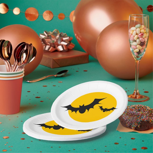 Prato De Papel Morcegos de Halloween Silhueta Lua Cheia (Criador carregado)