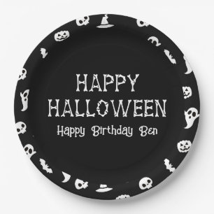 Prato De Papel Morcegos e Fantasmas de Halloween Preto e Branco F
