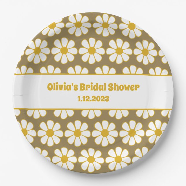 Prato De Papel Mostarda de margarida floral e marrom (Frente)