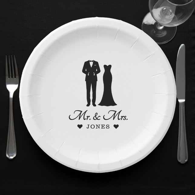 Prato De Papel Mr & Mrs Wedding Dress Tuxedo Newlywed Couple (Mr & Mrs Wedding Dress Tuxedo Newlywed Couple Paper Plates
)