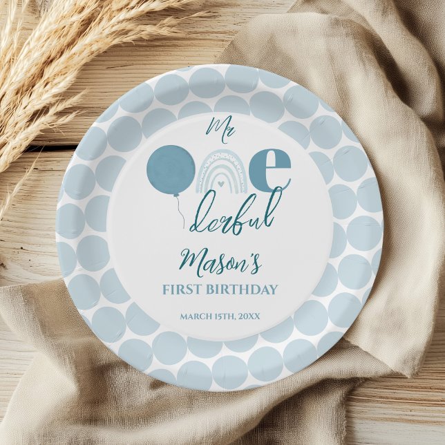 Prato De Papel Mr One derful Blue Balloon First Birthday (Criador carregado)