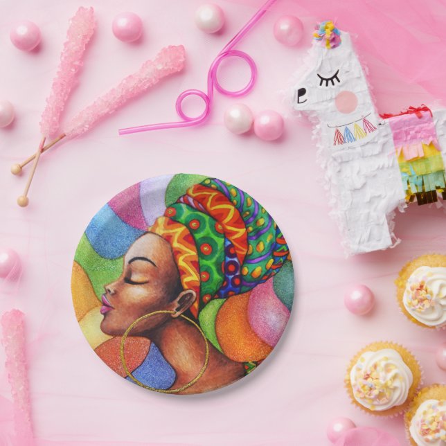 Prato De Papel Mulher africana com Tecido tradicional de cera (Festa)