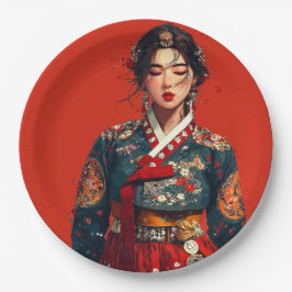 Prato De Papel Mulher Coreana Moderna em Retrato de Hanbok