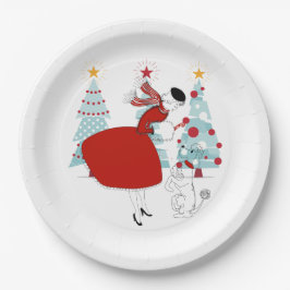 Prato De Papel Mulher de Natal vintage de 1950 com cachorro