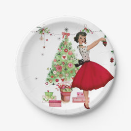 Prato De Papel Mulher do Natal de 1950 com árvore de Natal