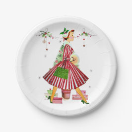 Prato De Papel Mulher do Natal de 1950 com árvore de Natal