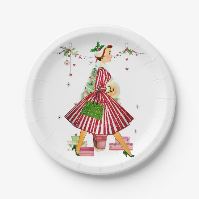 Prato De Papel Mulher do Natal de 1950 com árvore de Natal (Frente)