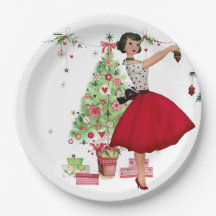 Mulher do Natal de 1950 com árvore de Natal