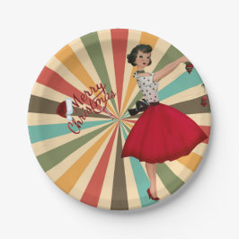 Prato De Papel Mulher do Natal de 1950 com Fundo Retro