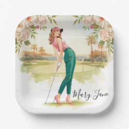 Prato De Papel Mulher golfista no campo de golfe