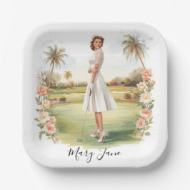 Prato De Papel Mulher golfista no campo de golfe Bridal