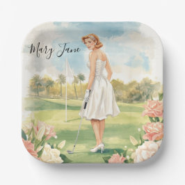 Prato De Papel Mulher jogando golfe em campo de golfe Nupcial