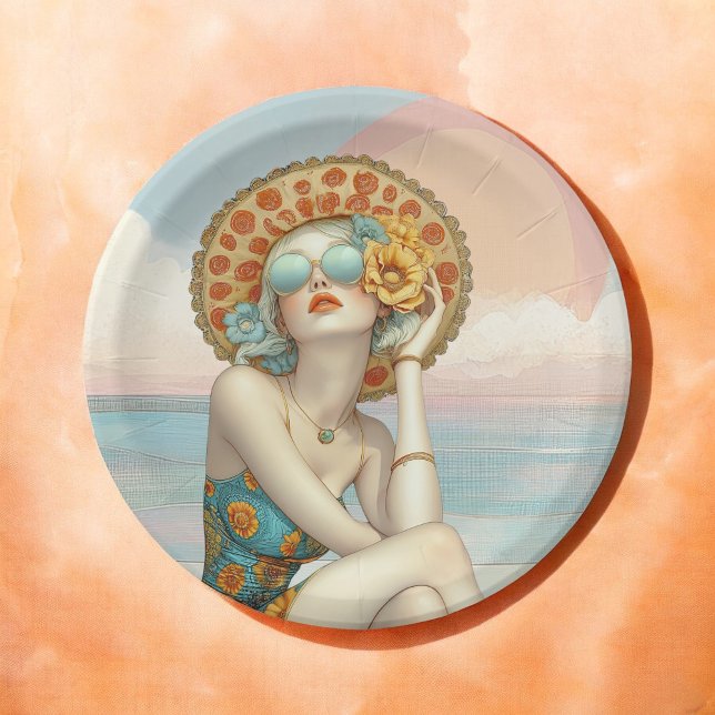 Prato De Papel Mulher Na moda do Vidro Retro Beach em óculos de s (Criador carregado)