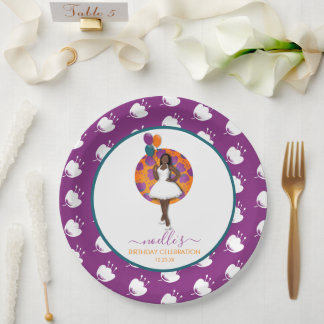 Prato De Papel Mulher Negra, Balões e Flores de Aniversário, Roxo