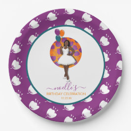 Prato De Papel Mulher Negra, Balões e Flores de Aniversário, Roxo