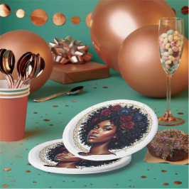 Prato De Papel Mulher Negra Floral Afro Escuro