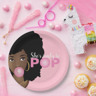 Prato De Papel Mulher Negra, Pronta para Pop, Bublegum, Rosa