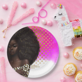 Prato De Papel Mulher Negra rosa e Dourada