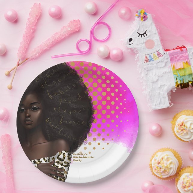 Prato De Papel Mulher Negra rosa e Dourada (Festa)