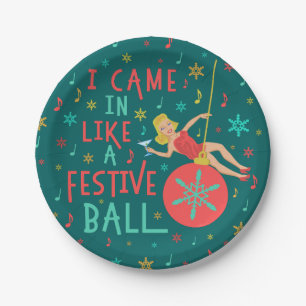 Prato De Papel Mulher retro do Natal engraçado na bola festiva d