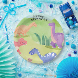 Prato De Papel Mundo dos dinossauros feliz aniversário turquesa