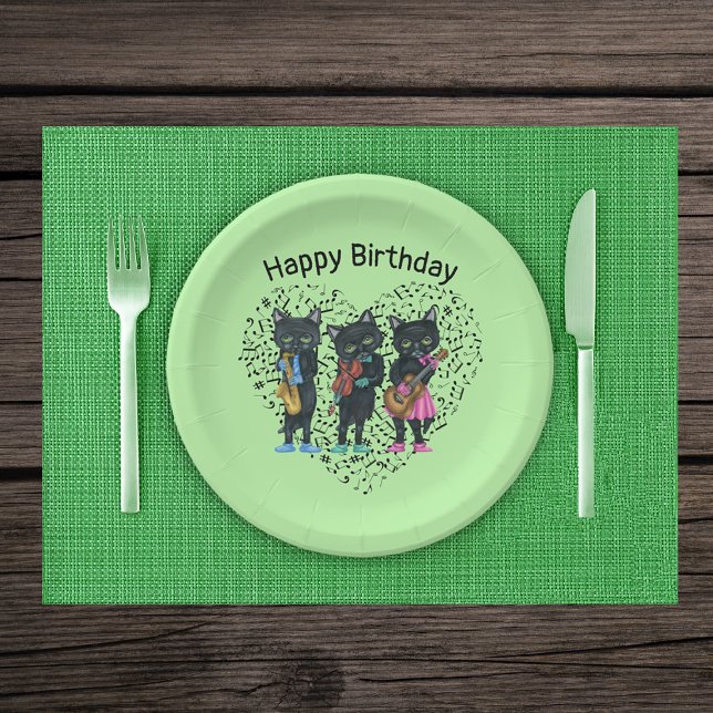 Prato De Papel Músicos de Gato Negro Instrumentos Música Nota Cor (Black cat musicians playing instruments on heart of music notes on light green Birthday paper plates)