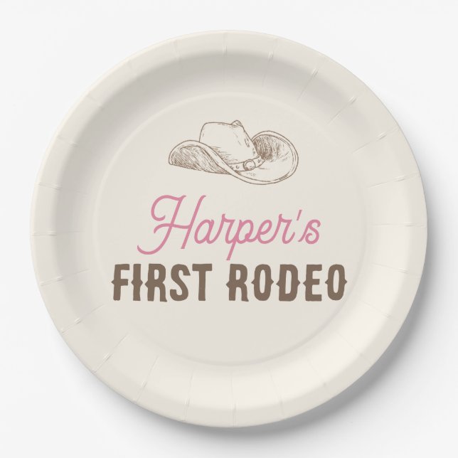 Prato De Papel My First Rodeo Personalized Pink Cowgirl Birthday (Frente)